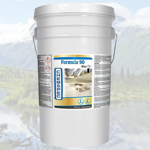White bucket labeled 'Formula 90' with a snowy background