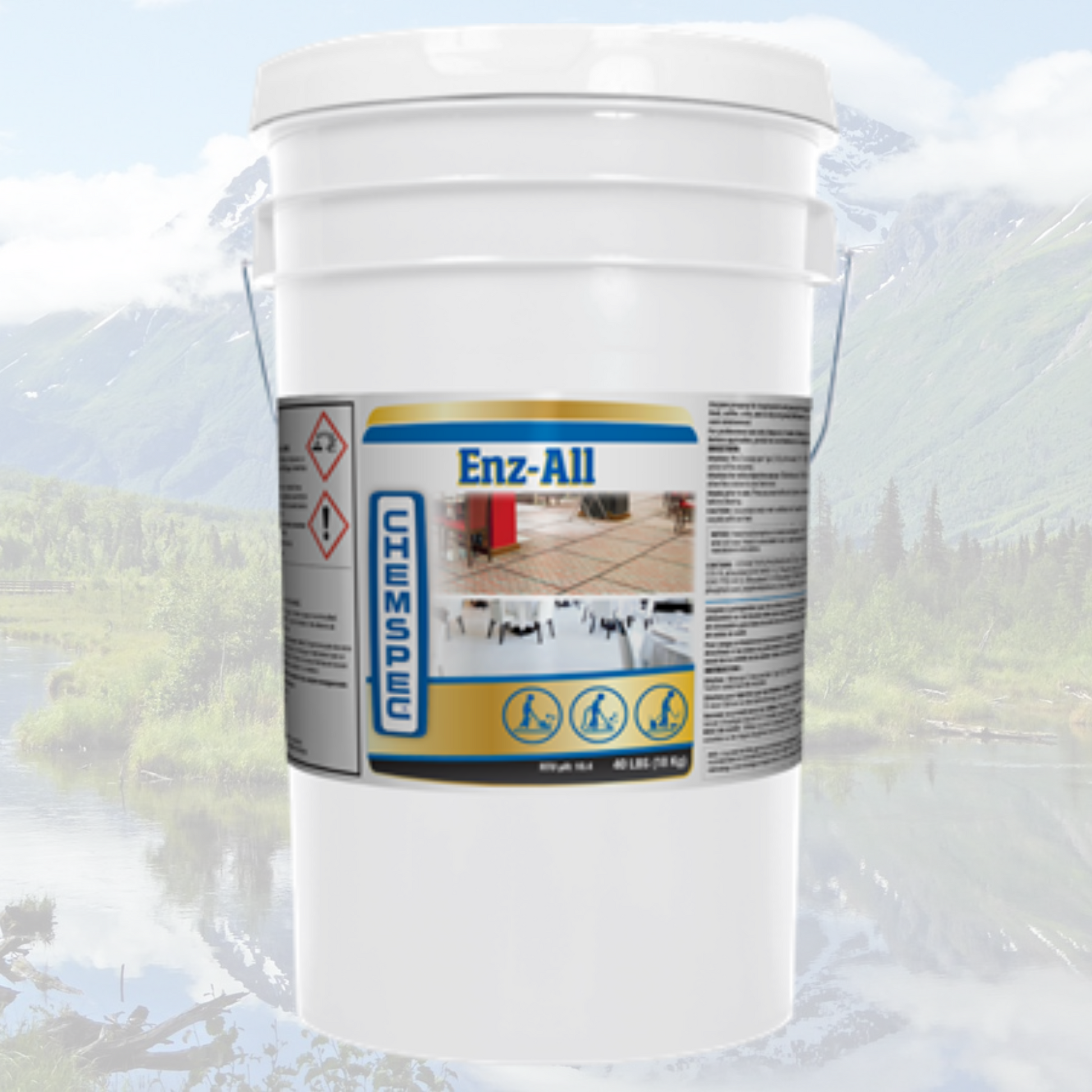 White bucket labeled 'Enz-All' with a blurred background