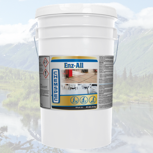 White bucket labeled 'Enz-All' with a blurred background