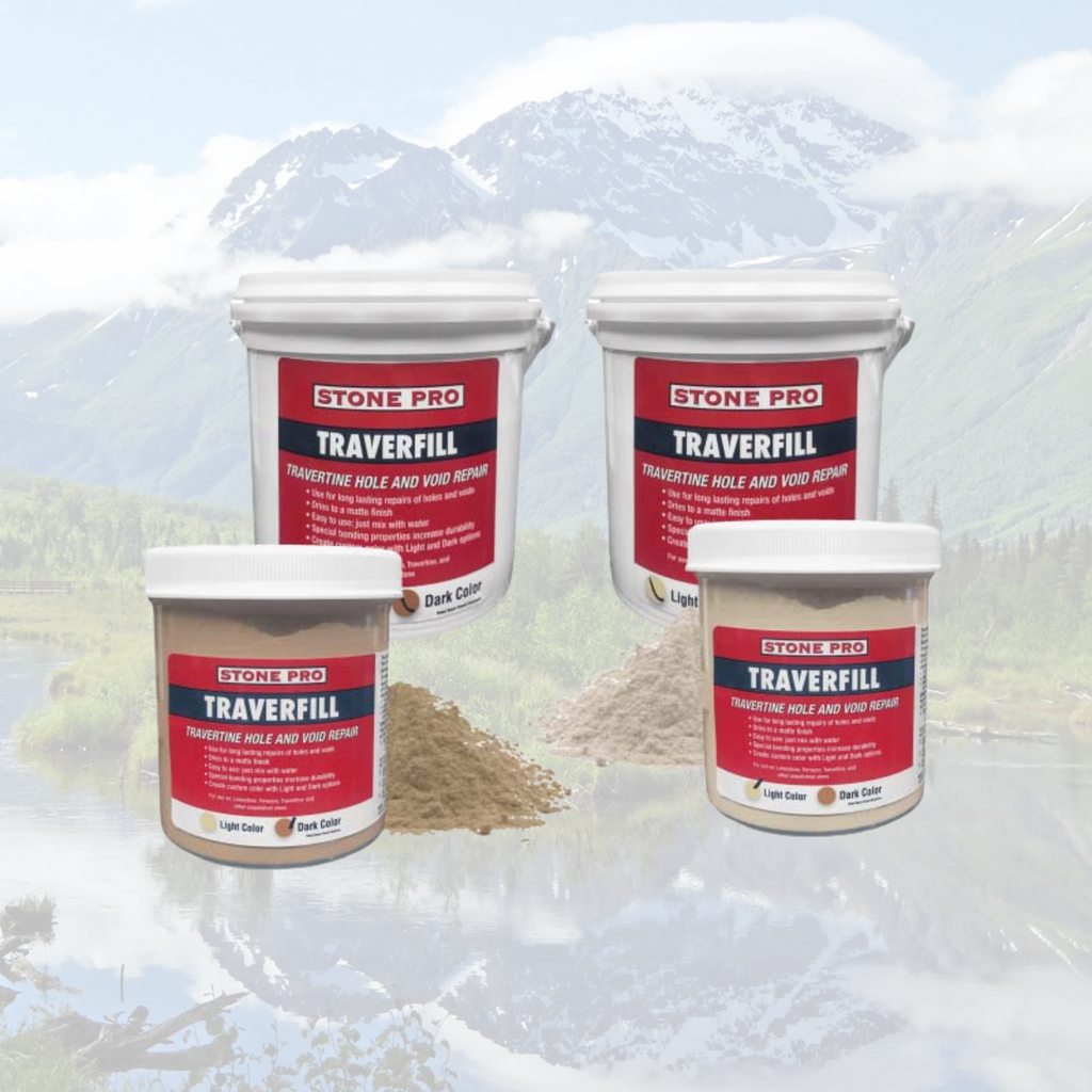 Four containers of Stone Pro Traverfill against a mountain background