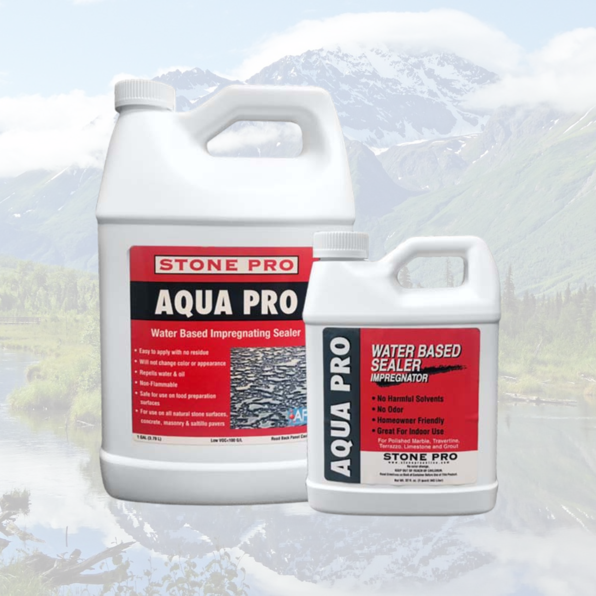 Two white plastic jugs of Stone Pro Aqua Pro water based impregnating sealer, one large and one small, displayed against a blurred mountain background.