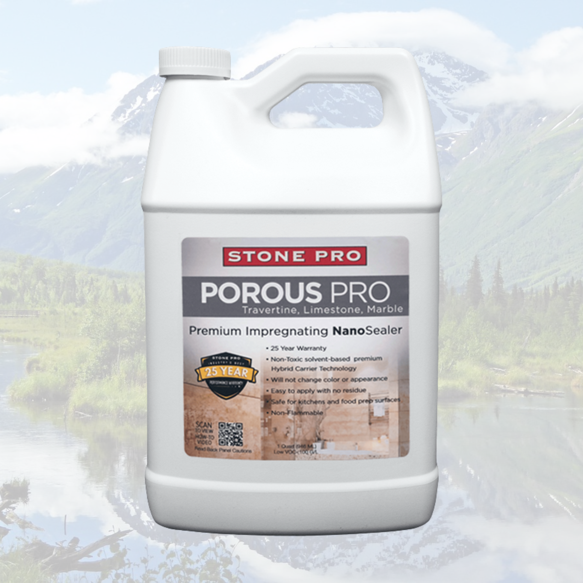 A white plastic jug of Stone Pro Porous Pro Premium Impregnating NanoSealer, set against a blurred background of a mountain lake.