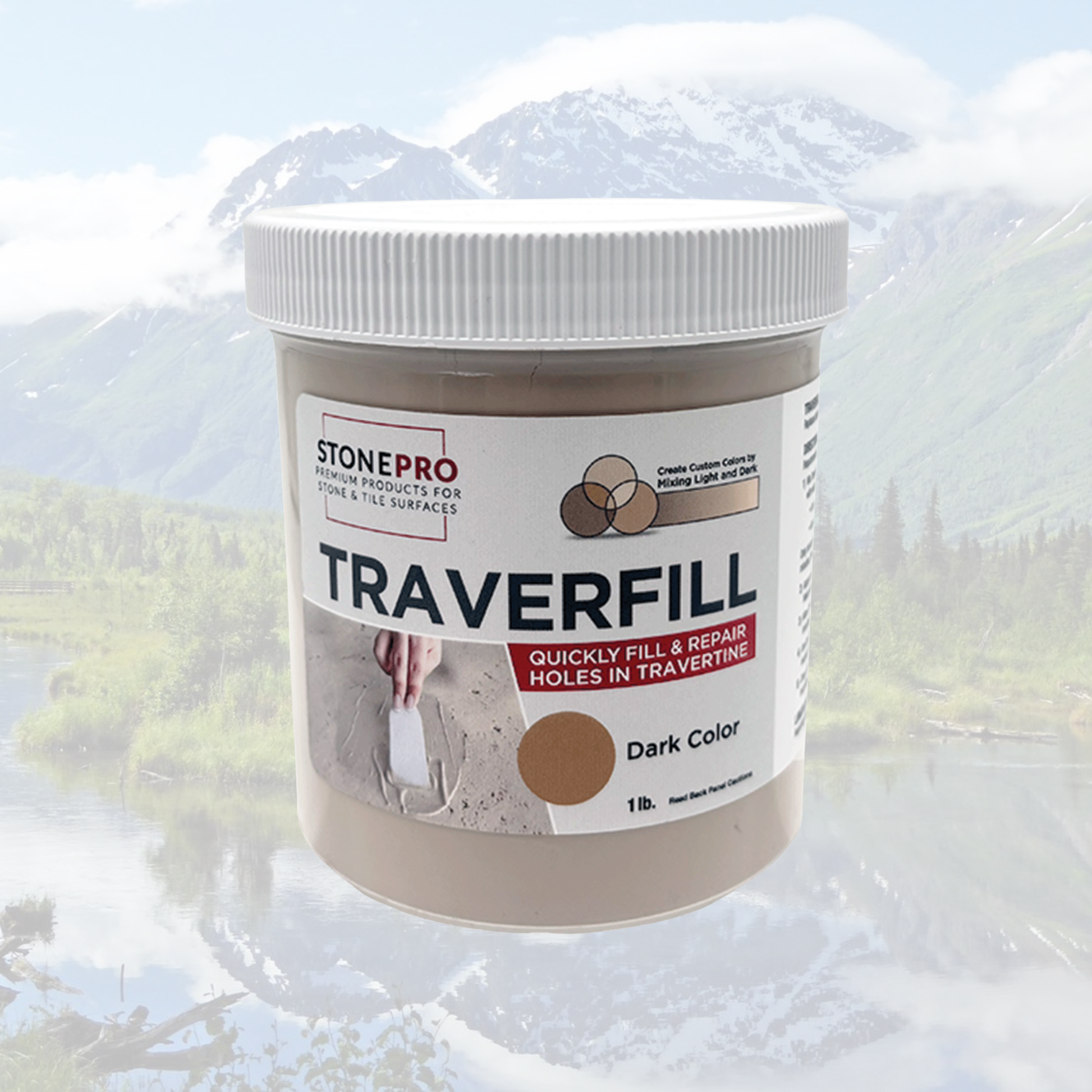 A jar of StonePro Traverfill dark-colored stone repair product, shown against a faded scenic background of mountains and a lake.