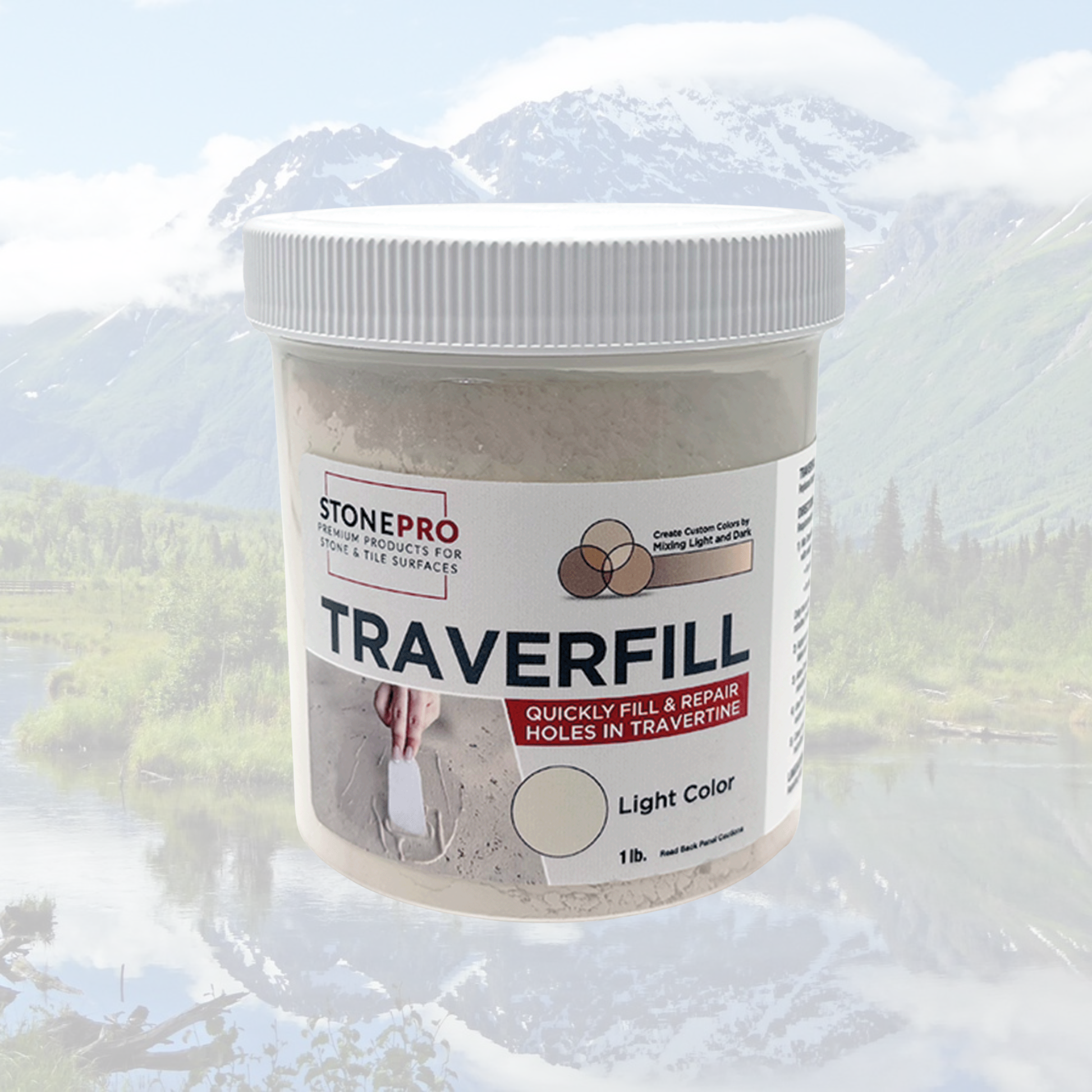 A 1 lb tub of StonePro TraverFill light-colored stone concrete filler, shown against a faded background of a mountain lake landscape.