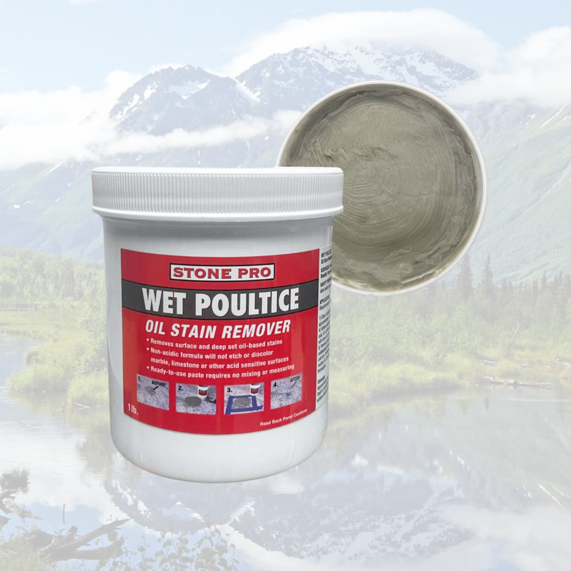 A white plastic tub of Stone Pro Wet Poultice oil stain remover with a red label, shown in front of a faded mountain landscape with a circular inset of the gray poultice paste.
